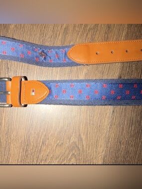 Tommy Hilfiger Navy & Tan Logo Webbing Belt with Red Accents